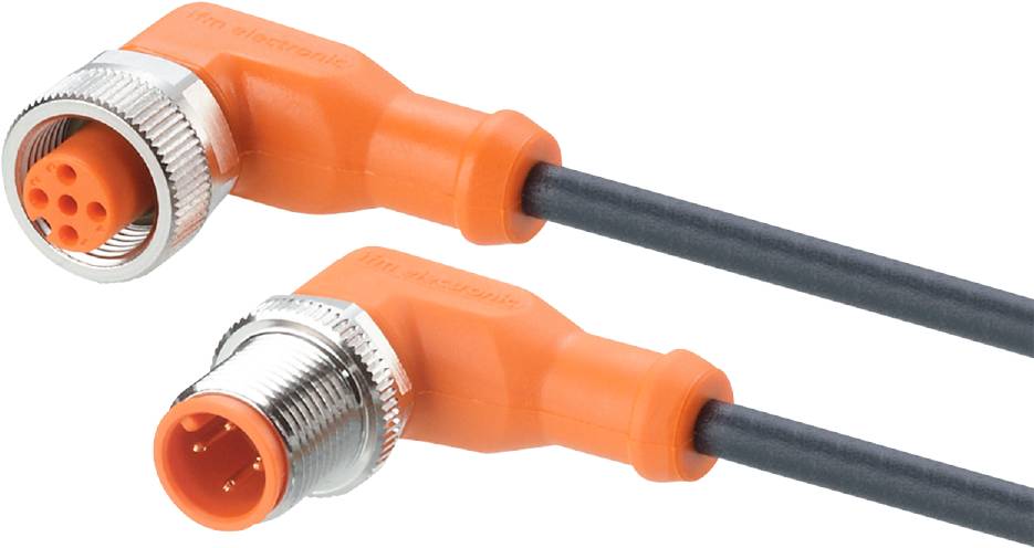 Zwei orangefarbene Kabel mit schwarzen Leitungen, verbunden durch silberne Anschlussstücke, Darstellung technischer Geräteverkabelung.
