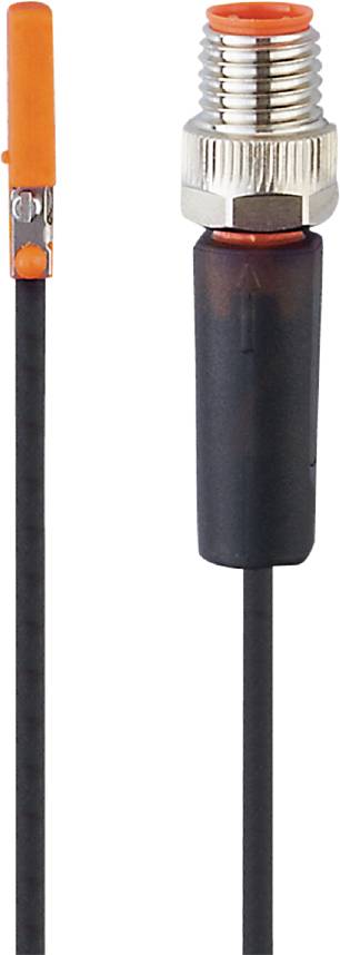 Ein schwarzes, stabförmiges Objekt hängt vertikal, verbunden mit einem dünnen Kabel an der linken Seite. Der Hintergrund ist weiß.