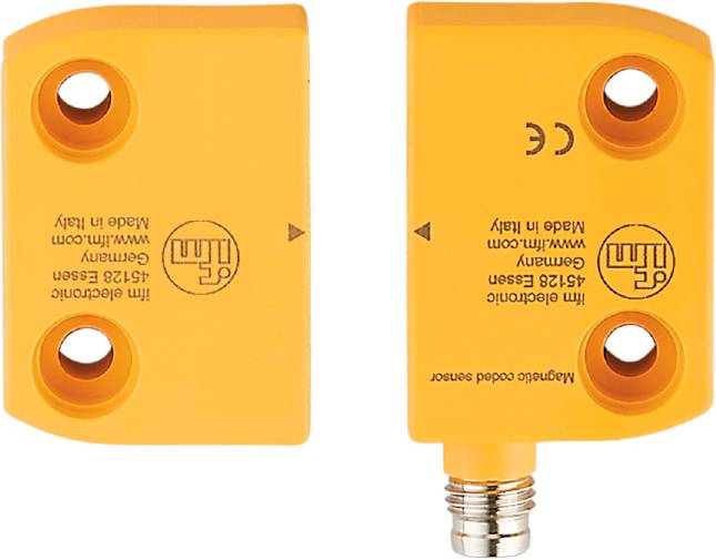 Zwei gelbe, rechteckige Magnetsensoren mit Logos und Beschriftung. Einer hat einen Stecker für elektrische Verbindungen.