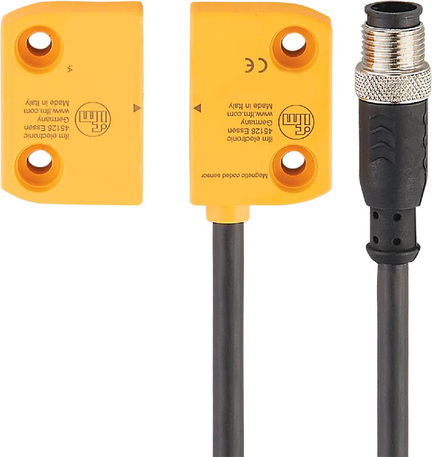 Zwei gelbe rechteckige Sensoren mit Aufschrift '15 mm', verbunden durch ein Kabel mit einem schwarzen Stecker, auf weißem Hintergrund.
