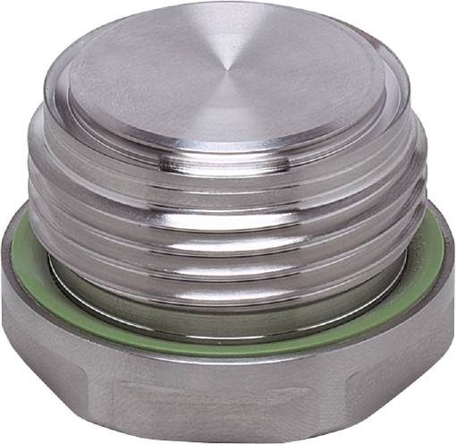 Ein silberner Metallverschluss mit gerillter Oberfläche und grünem Dichtungsring, möglicherweise ein Teil eines Maschinenbauteils.
