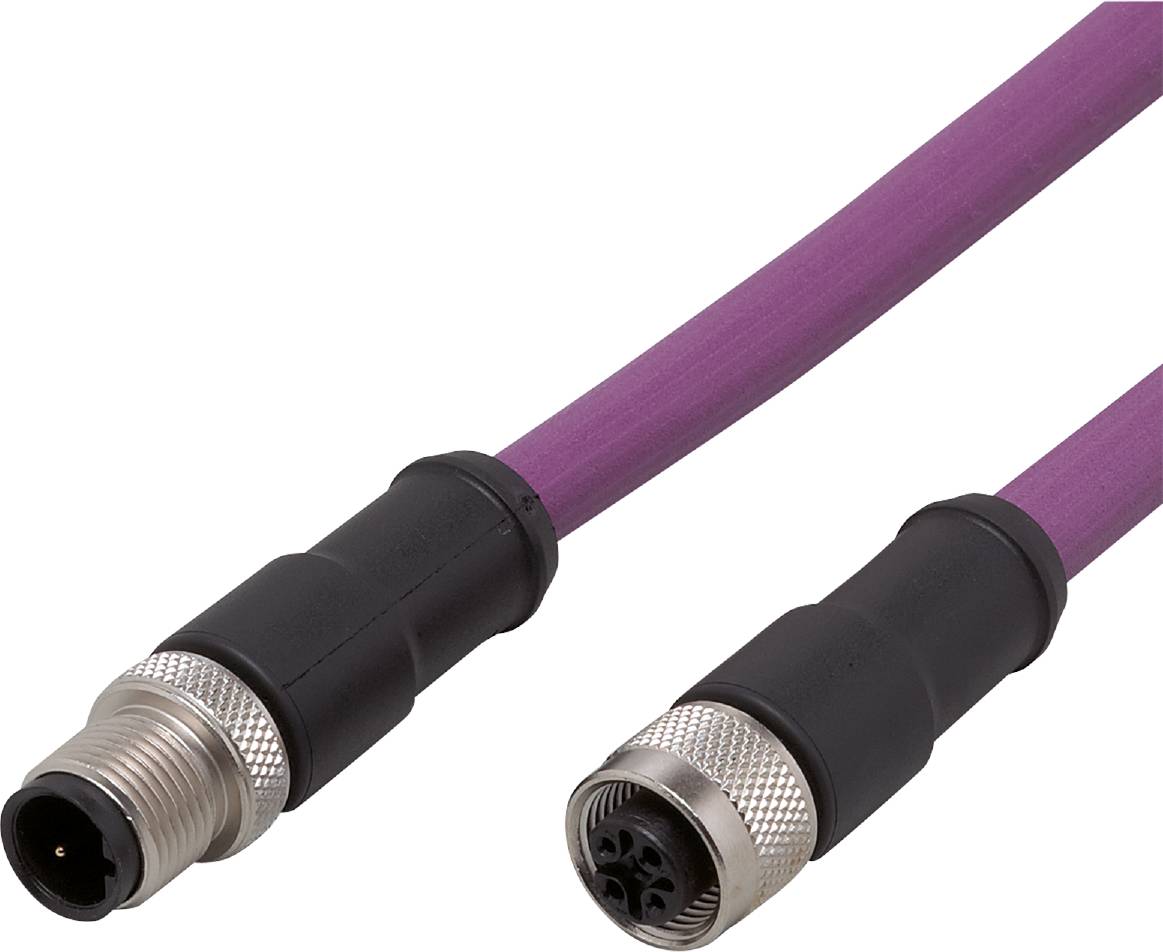 Zwei industrielle Steckverbinder mit lila Kabel. Der linke Stecker zeigt die Rückseite, der rechte zeigt die Vorderseite mit Pins.