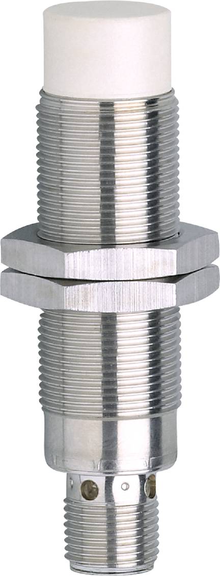 Metallsensor in zylindrischer Form mit zwei silbernen Sechskantmuttern, geeignet für industrielle Anwendungen.