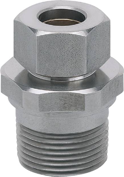 Silberfarbene sechseckige Schraubenmutter auf einem Gewindebolzen, geeignet für mechanische Befestigungen.