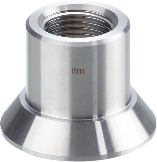 Ein zylindrisches Metallteil aus Edelstahl mit einem Gewinde an der Oberseite und einer breiten Basis. Markierung 'ifm' auf der Seite.