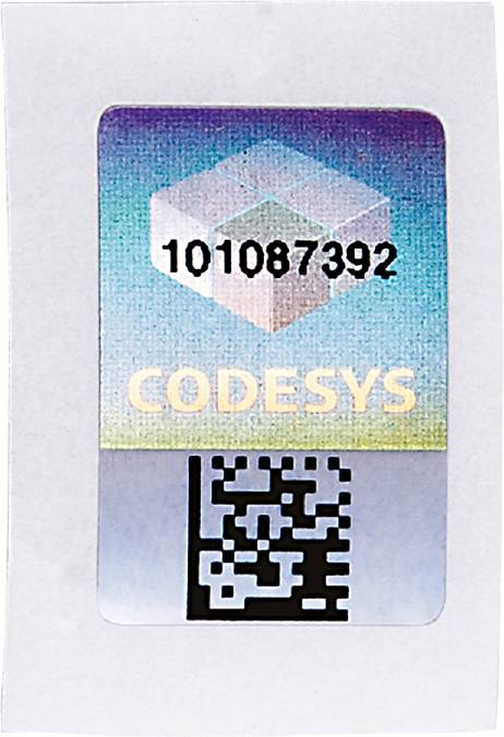 Ein QR-Code und die Aufschrift '101087392 CODESYS' auf einem holographischen Hintergrund.
