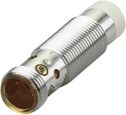 Metallsensor in zylindrischer Form mit Gewinde; zeigt die Vorderseite mit elektrischen Anschlüssen und einer runden, weißen Spitze.