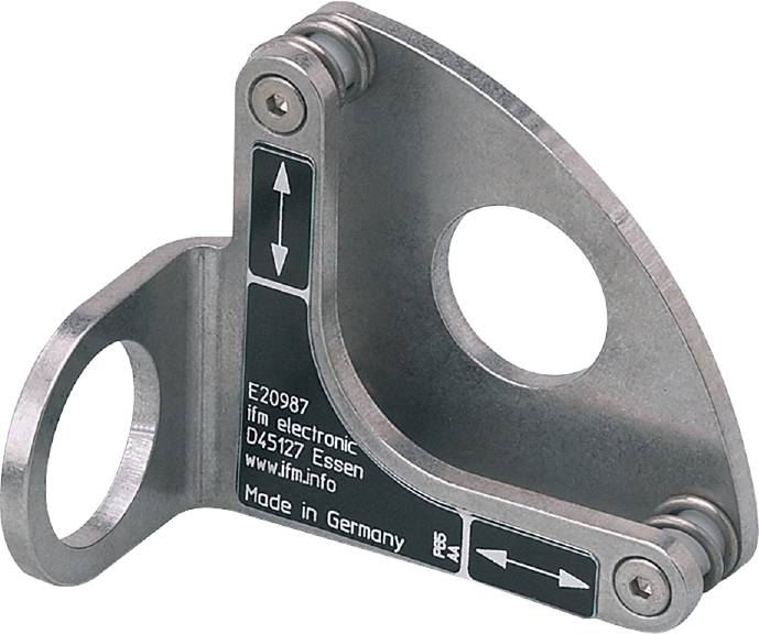Metallscharnier mit Beschriftung 'E20987 ifm electronic Essen' und 'Made in Germany'. Kreisförmige Aussparungen und Pfeile vorhanden.