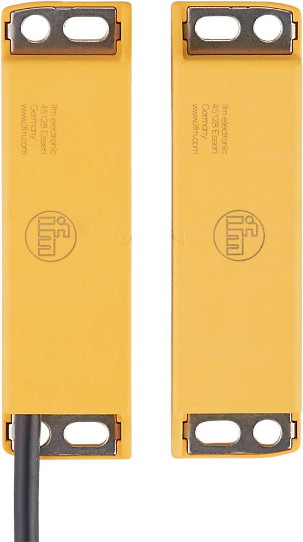 Zwei gelbe elektronische Module mit einem Sicherheitslogo und schwarzen Drähten am unteren Rand, nebeneinander angeordnet.