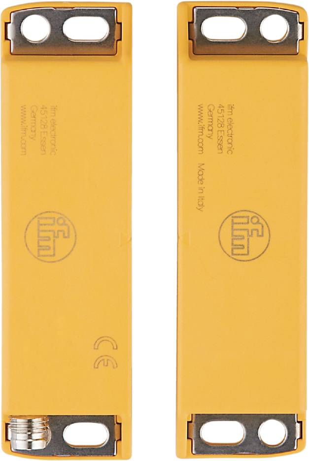 Zwei gelbe, rechteckige Objekte mit dem Aufdruck 'ifm electronic 45128 Essen' und 'Made in Italy'.