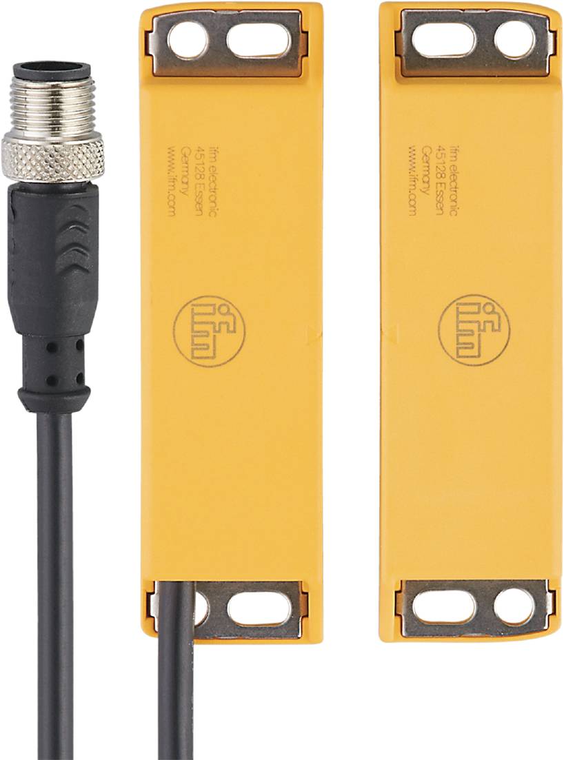 Zwei gelbe Sensoren mit ifm-Logo und schwarzem Kabelanschluss links. Anwendung in der industriellen Automatisierung.