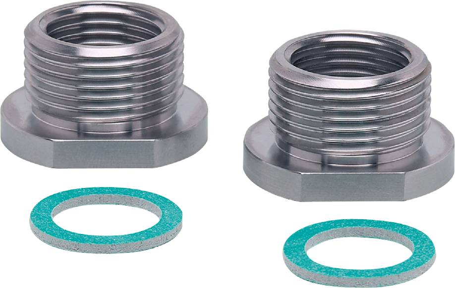 Zwei silberne Schlauchadapter aus Metall mit Außengewinde, nebeneinander auf einer weißen Fläche. Zwei grüne Dichtungsringe liegen davor.