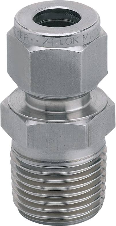 Eine Nahaufnahme eines metallischen Anschlussstücks mit Schraubgewinde, das in mechanischen oder hydraulischen Systemen verwendet wird.