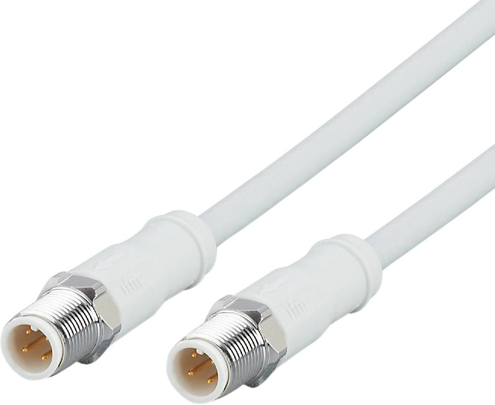 Zwei weiße Koaxialkabel mit silbernen Steckern an den Enden, die für die Übertragung von Fernsehsignalen verwendet werden.