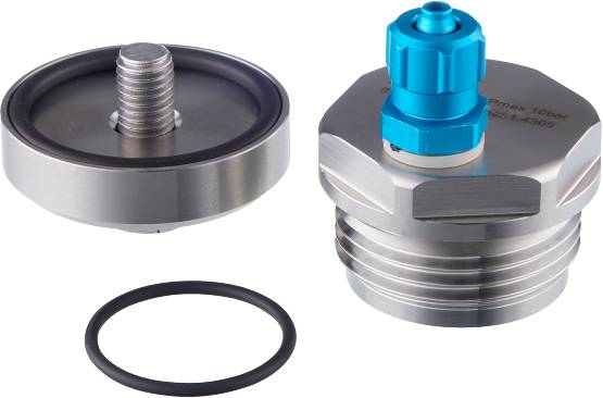 Zwei metallische Verschlussteile mit Schrauben und Gummidichtung, möglicherweise für industrielle Anwendungen.