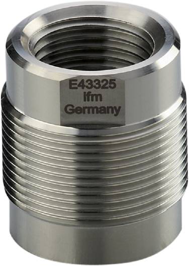 Nahaufnahme eines robusten Metallsensors mit der Aufschrift 'E43325 ifm Germany'.