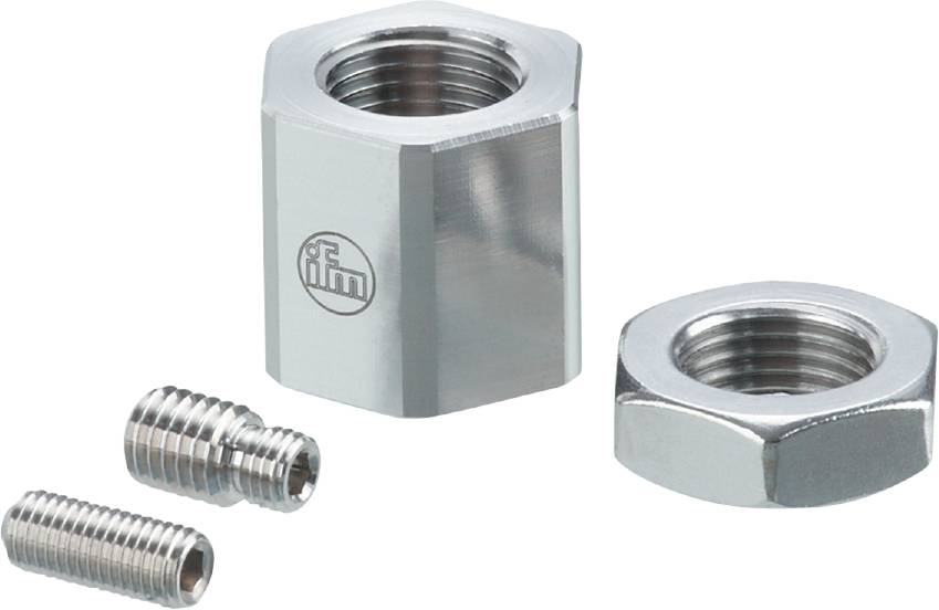 Sechskantmutter aus Metall mit außenliegendem Gewinde, Logo auf der Oberfläche. Daneben kleinere metallische Schrauben.