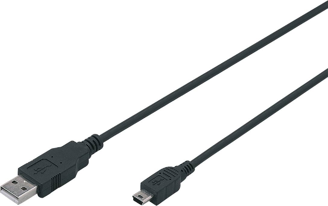 Ein schwarzes USB-Kabel mit einem Mini-USB-Anschluss auf der einen und einem Standard-USB-A-Anschluss auf der anderen Seite.