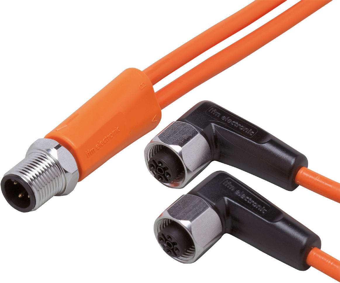 Ein orangefarbenes Kabel mit einem silbernen Metallstecker, verbunden mit zwei schwarzen Winkelschrauben, die als Anschlüsse dienen.