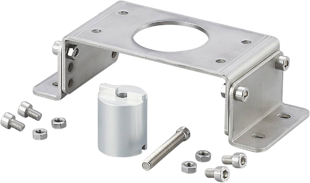 Ein Set aus mehreren Bauteilen: rechteckige Metallhalterung, zylindrisches Element, Schraube, Muttern und Unterlegscheibe.