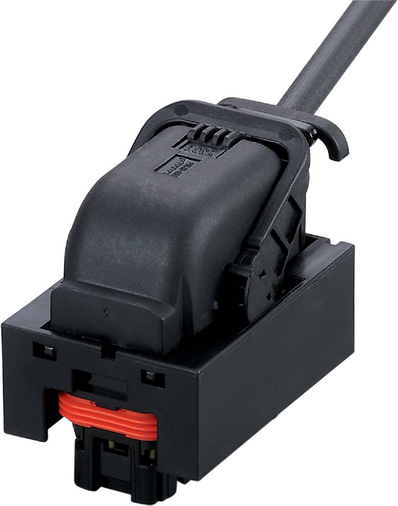 Schwarzer Steckverbinder für Elektronik mit robustem Gehäuse und Kabelanschluss, geeignet für industrielle Anwendungen.