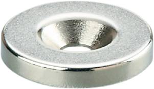Ein konischer Magnet aus glänzendem Metall mit einer zentralen Vertiefung, oft genutzt zur Fixierung von Materialien auf metallischen Oberflächen.