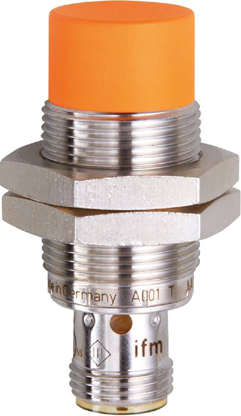 Ein zylindrischer Sensor aus Metall mit einer orangefarbenen Spitze, hergestellt in Deutschland. Text 'Made in Germany A001 T'.