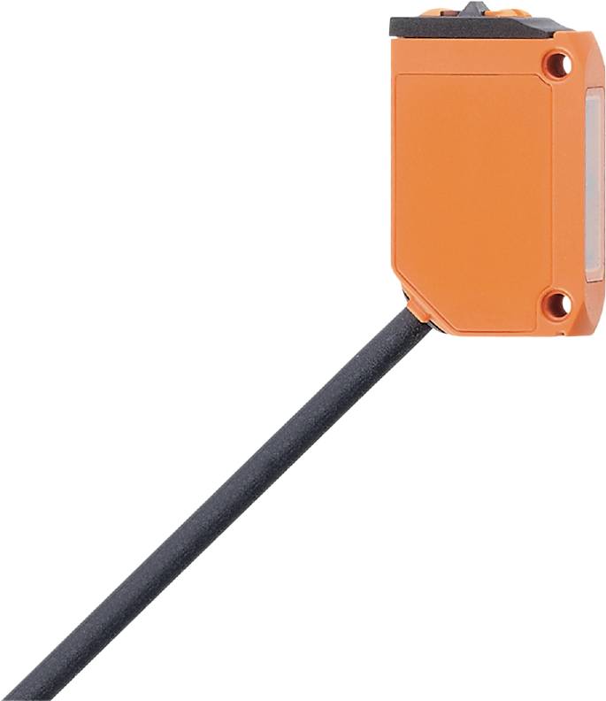 Ein orangefarbener, rechteckiger Sensor mit einem verbundenen schwarzen Kabel, von der Seite gesehen.
