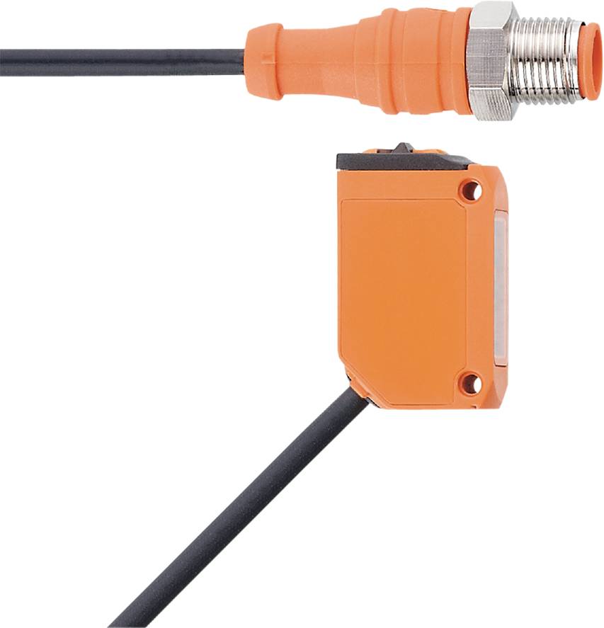 Ein oranger Sensor ist mit einem schwarzen Kabel verbunden, das in einen silbernen Anschluss führt. Der Sensor dient zur Erfassung von Daten.