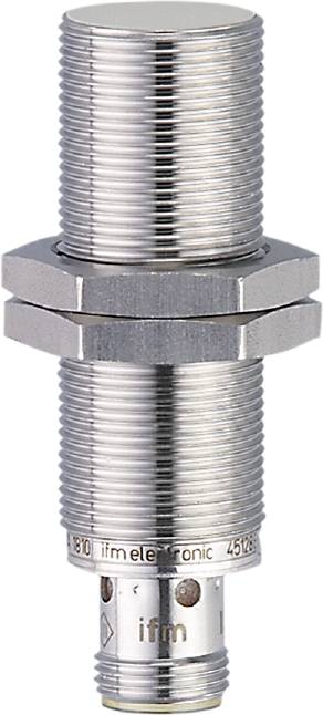 Ein verchromtes, zylindrisches Maschinenteil mit Gewinde und zwei Muttern, wahrscheinlich ein Teil einer größeren mechanischen Vorrichtung.