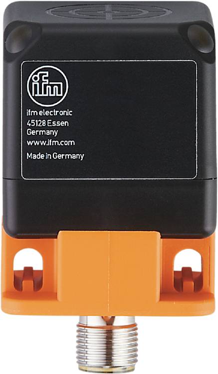 Ein elektronisches Gerät mit der Aufschrift 'ifm electronic, 45128 Essen, Germany, www.ifm.com, Made in Germany' auf einem orangefarbenen Sockel.