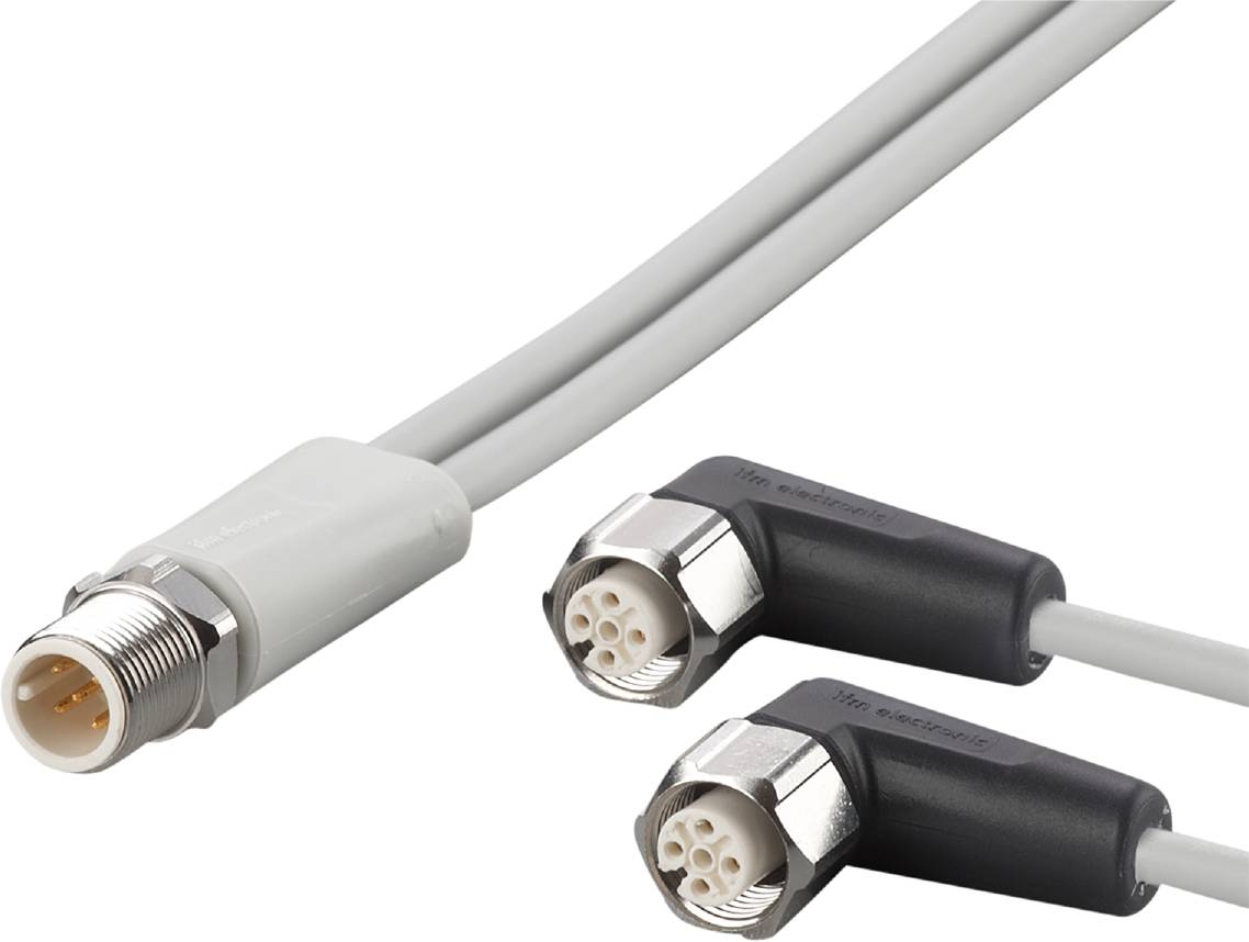 Zwei verschiedene M8-Sensorkabel, eines weiß und eines schwarz, mit Metallsteckern und mehreren Pins, liegen auf weißem Hintergrund.