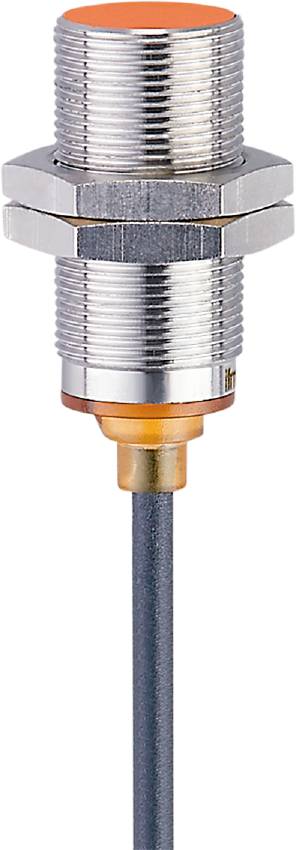 Ein Gewindesensor mit Metallgehäuse und schwarzem Kabel, geeignet für Präzisionsanwendungen in industriellen Umgebungen.