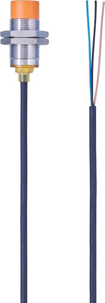 Ein blaues elektrisches Kabel mit zwei sichtbaren Kupferdrähten an einem Ende, das senkrecht in die Kamera gehalten wird.