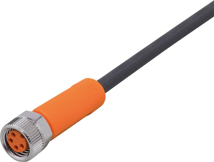 Ein orangefarbenes Kabel mit silbernem Metallstecker, möglicherweise ein Koaxialkabel, auf einer weißen Hintergrundfläche.