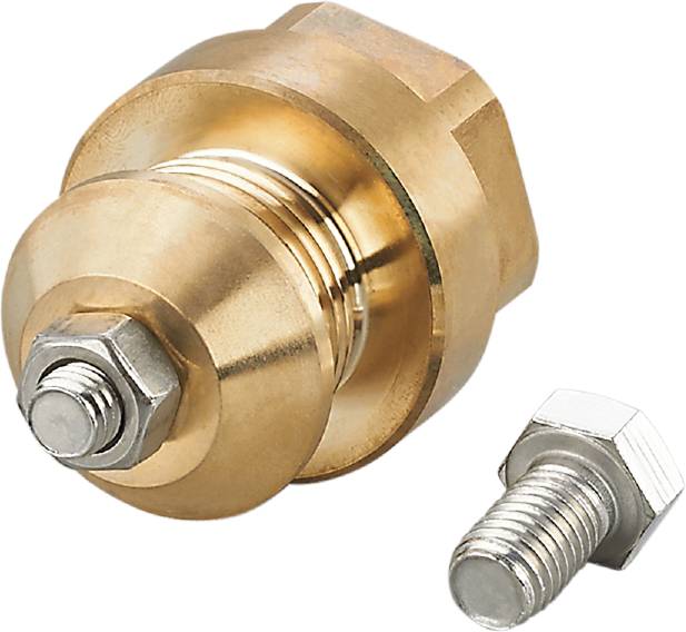 Messing-Schraubenkappe mit zentralem Gewindebolzen, daneben ein längerer separater Bolzen. Geeignet für industrielle Anwendungen.