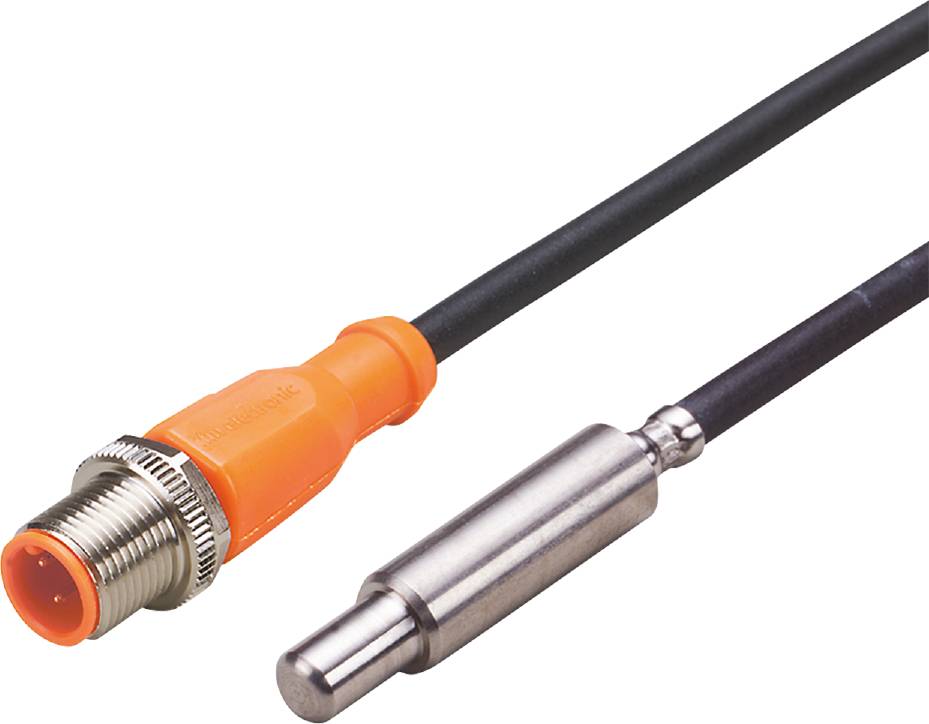 Ein Metallzylinder neben einem Kabel mit orangefarbenem Anschluss. Möglicherweise Teil eines Sensors oder elektrischen Bauteils.