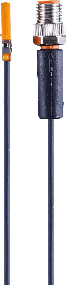 Ein schwarzes Kabel mit einem rechteckigen Anschluss am oberen Rand des Bildes, auf weißem Hintergrund.