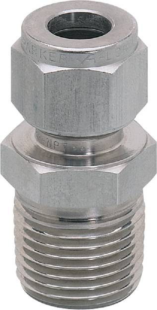 Nahaufnahme eines metallischen Sechskant-Fittings mit Gewinde. Es zeigt Details der Oberflächenstruktur und die mechanische Verbindung.
