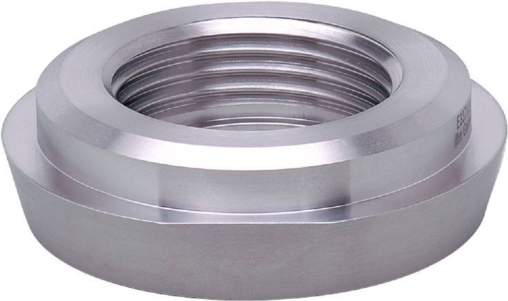 Eine silberne, metallische Schraubenmutter mit Innengewinde. Die Oberfläche ist glatt und glänzend.