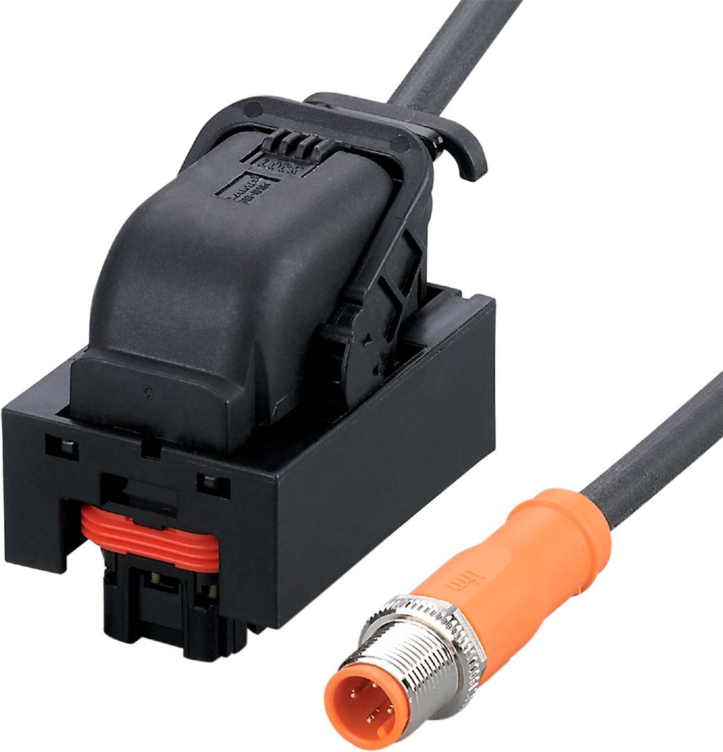 Ein schwarzer elektronischer Stecker mit einem orangefarbenen Kabel ist abgebildet. Der Stecker hat einen Clip-Mechanismus.