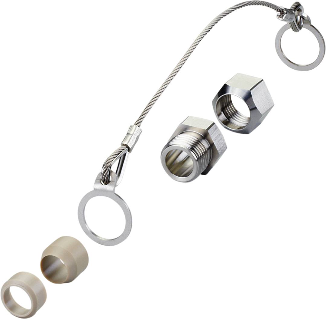 Metallkabel mit Ringen und zwei dazugehörigen Muttern in verschiedenen Materialien, zeigt Teile eines mechanischen Befestigungssystems.