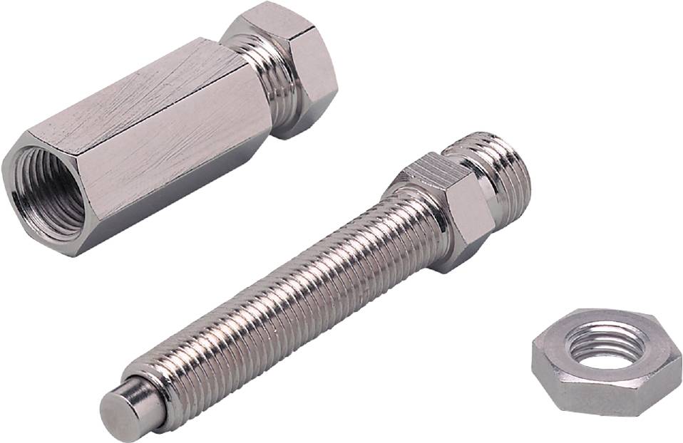 Metallmutter und Schraube auf weißem Hintergrund, zeigen Verbindungsteile aus silberfarbenem Metall. Die Schraube hat ein Gewinde am Schaft.