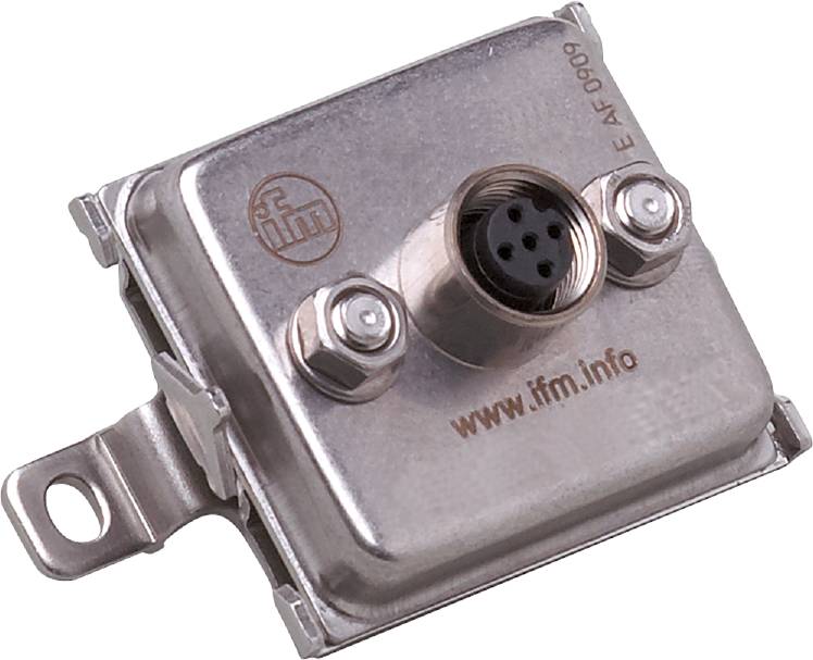 Ein quadratischer Metall-Sensor mit einem zentralen Steckverbinder und einer eingravierten Website-Adresse.