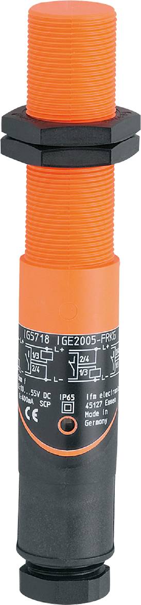 Ein orangefarbener, zylindrischer Sensor mit Modellnummern 'IG5718' und 'IGE2005-FRKG' auf schwarzem Hintergrund.
