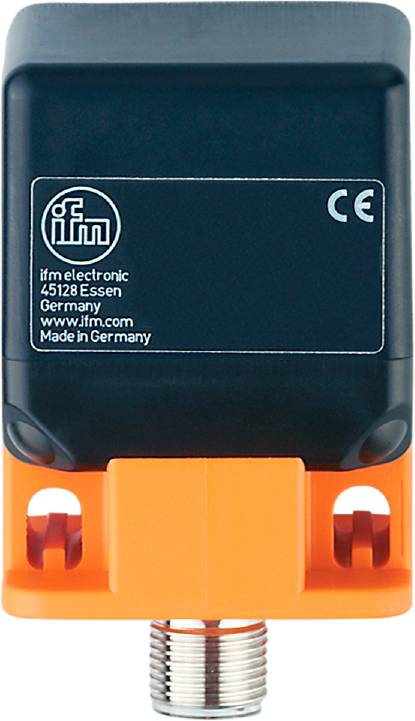 Ein schwarzes Gerät mit einem Etikett, das 'ifm electronic 45128 Essen Germany' zeigt, mit CE-Kennzeichnung. Made in Germany.