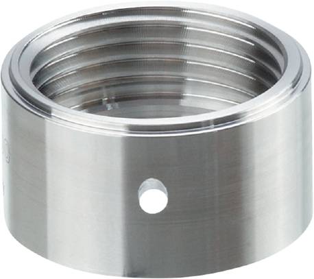 Ein Metallflansch mit Gewinde und Bohrung, wahrscheinlich zur Befestigung an einer anderen Struktur. Glänzende silberne Oberfläche.