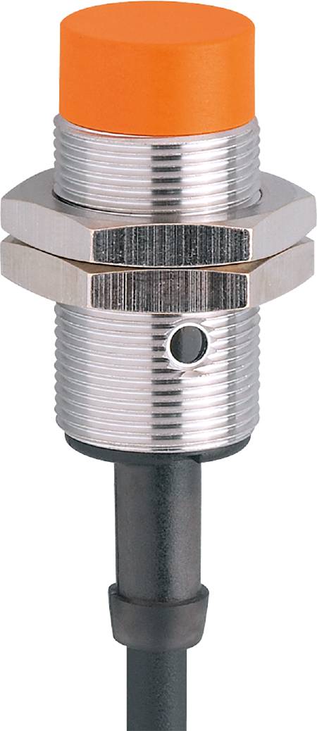 Ein zylindrischer, silberner Sensor mit geriffeltem Gewinde und glatter Oberfläche, zeigt ein rundes Sichtfenster.