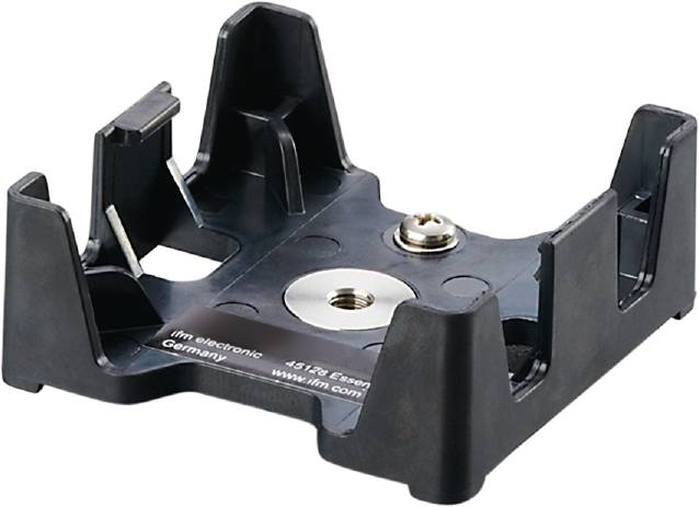 Eine schwarze Halterung für elektronische Geräte mit der Aufschrift 'ifm electronic Germany 45128 Essen'.