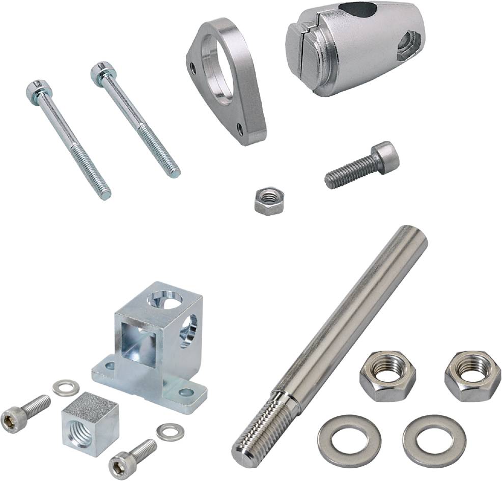 Verschiedene Metallbefestigungselemente und Komponenten, darunter Schrauben, Muttern, ein Halterungswinkel und ein Stangenhalter.